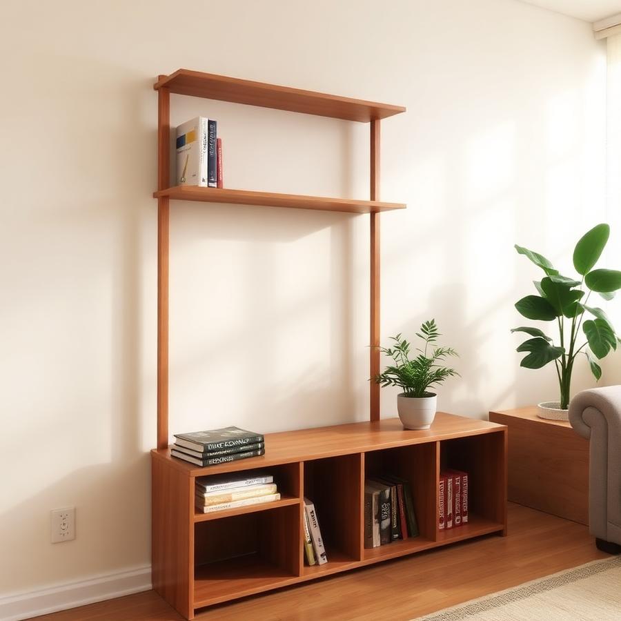 Estante de madeira com livros e vaso de planta