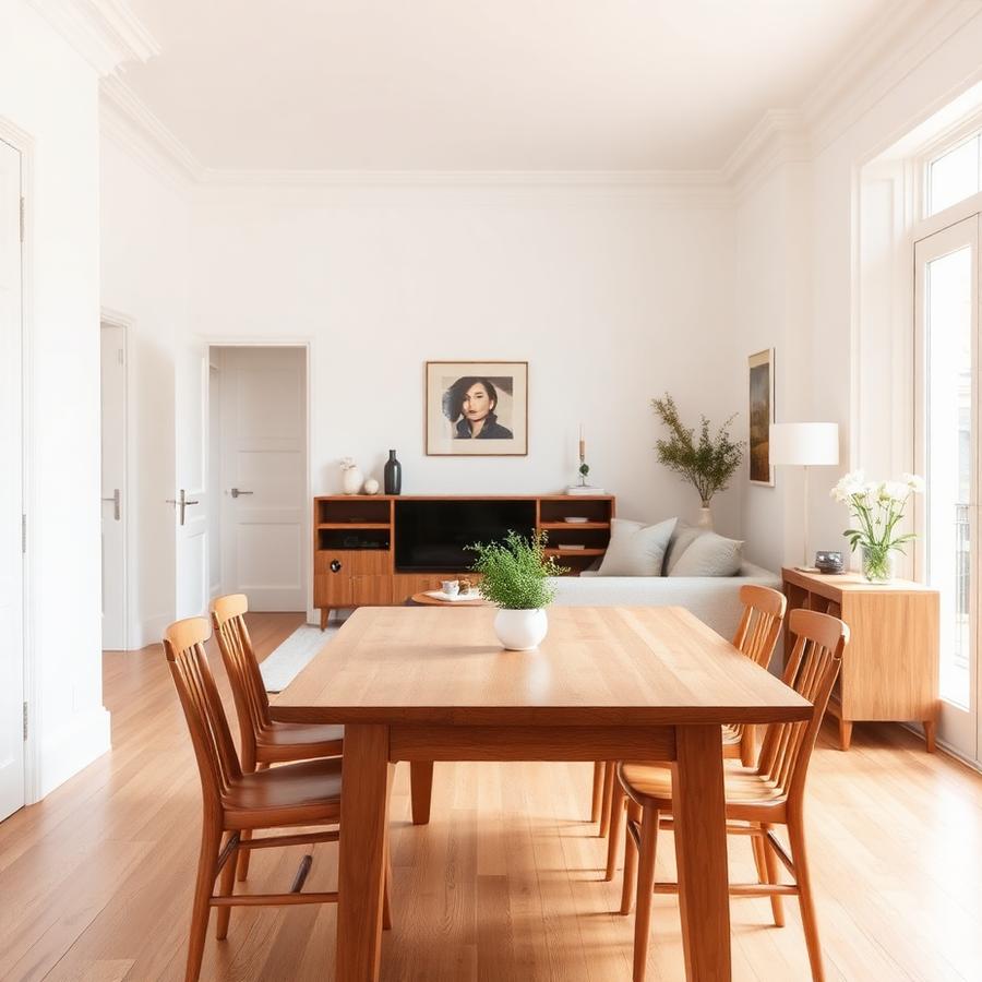 Mesa de madeira com cadeiras em uma sala